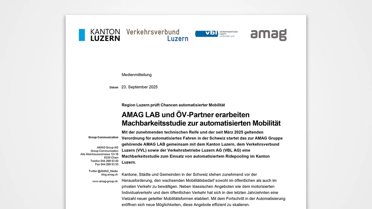 
										Amag LAB und ÖV-Partner erarbeiten Machbarkeitsstudie zur automatisierten Mobilität
									